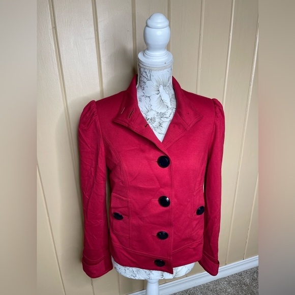 INC International Concepts Women's Red Blazer Puff Sleeve Black Buttons Small - Picture 2 of 5